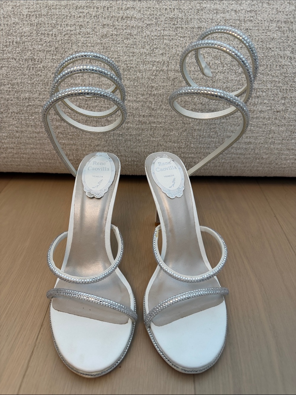 Rene Caovilla INSPIRED White and Silver Crystal Spiral-Strap Heels